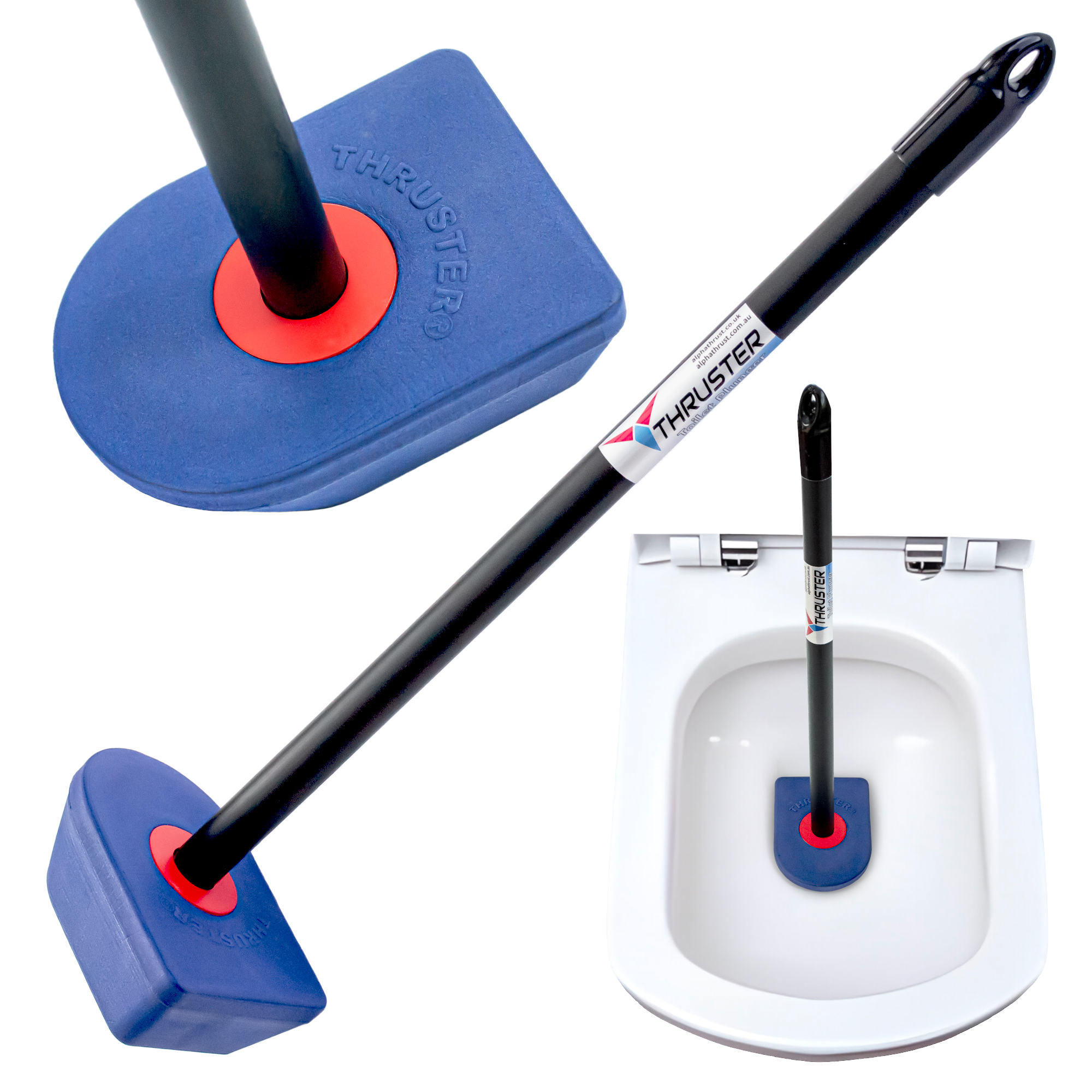 thruster plunger presented 3 times, one in place in a toilet water trap